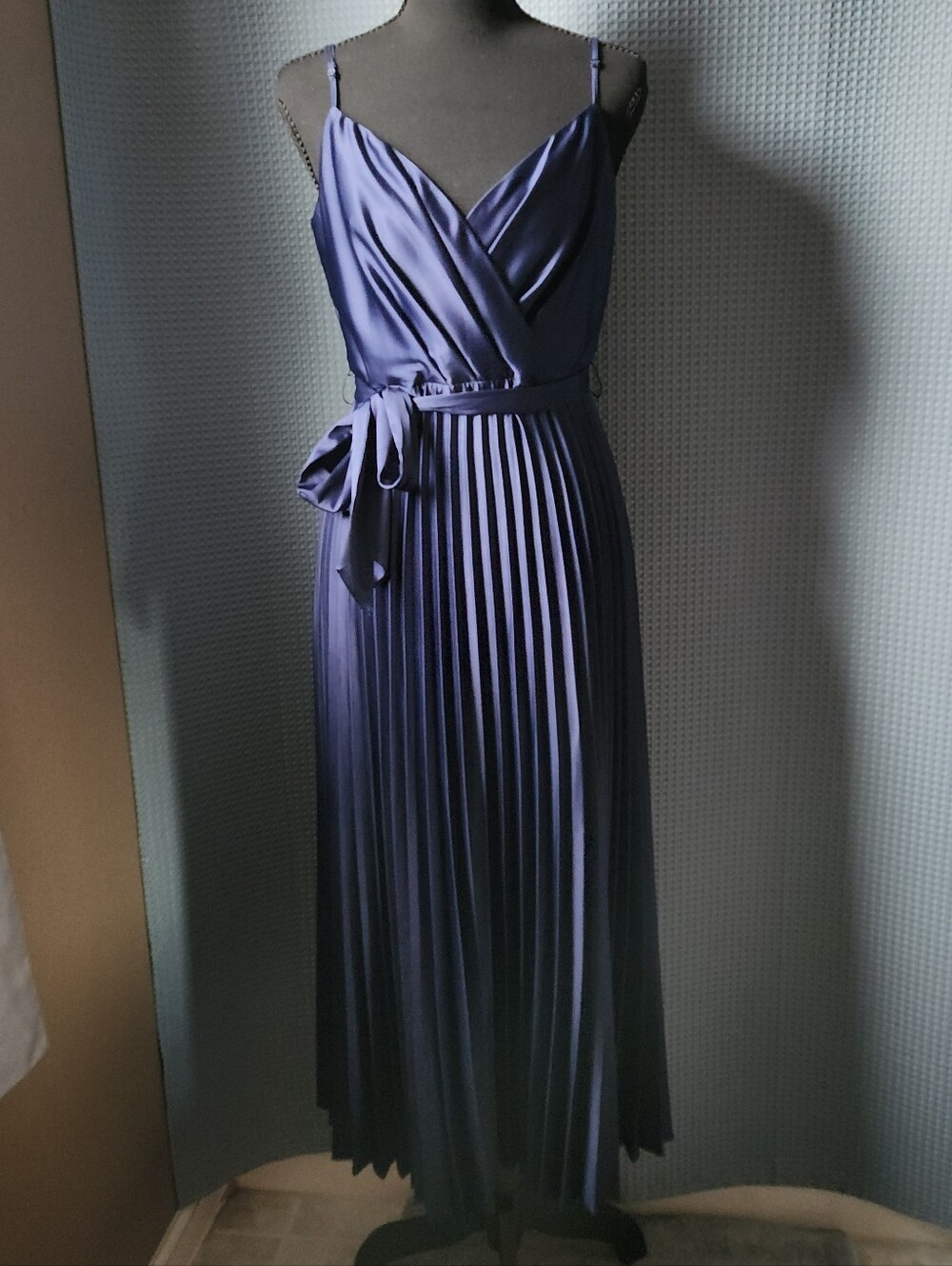 B. Darlin' Navy Blue Pleated Satin Maxi Dress W/ Tie Waist and Zipper Closure